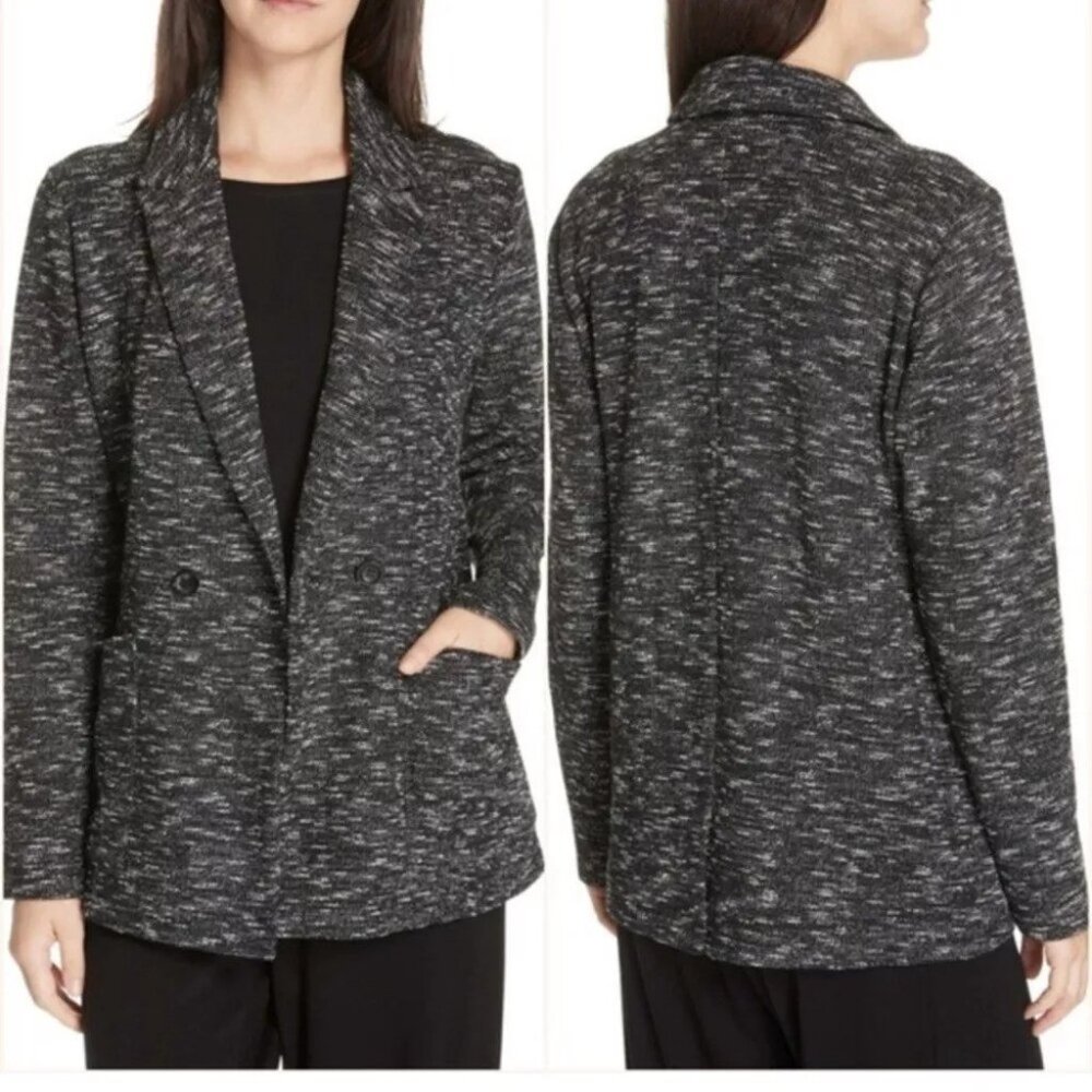 Eileen Fisher Black Notch Classic Collar Tweedy Organic Cotton Knit Blazer